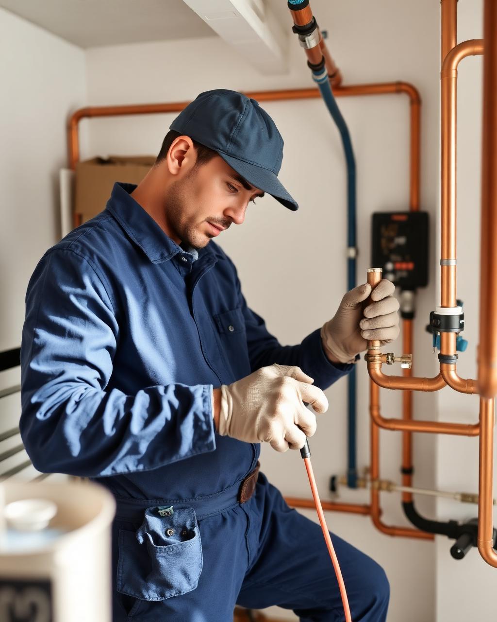 Handwerker bei der Installation von Kupferleitungen in einem Technikraum