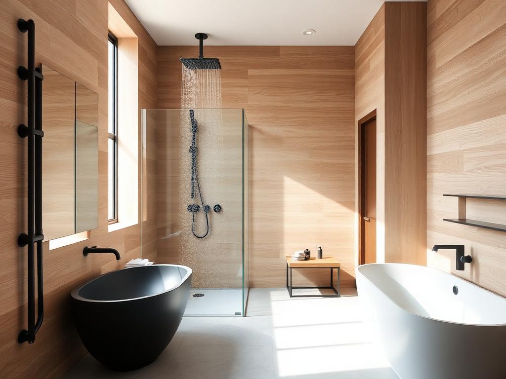 Modernes Bad mit Regendusche und freistehender Wanne