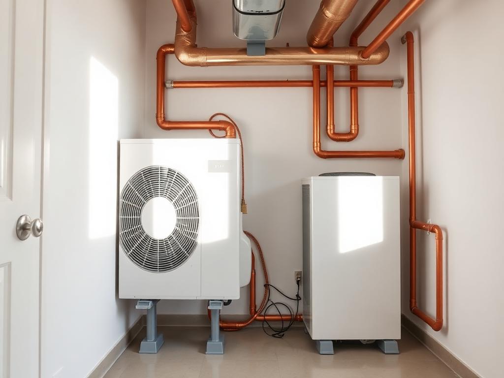 Moderne Wärmepumpe mit Kupferleitungen im Technikraum
